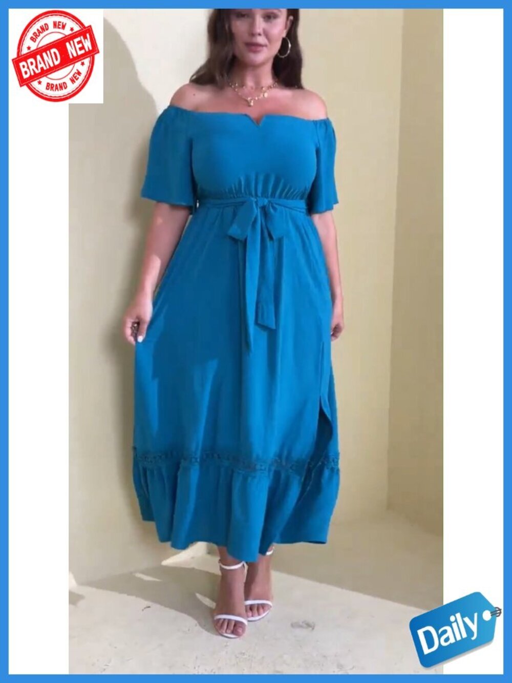 Plus Size Off Shoulder Maxi Dress Wedding Guest V-Neck A-Line Flowy Side Split - Picture 6 of 6